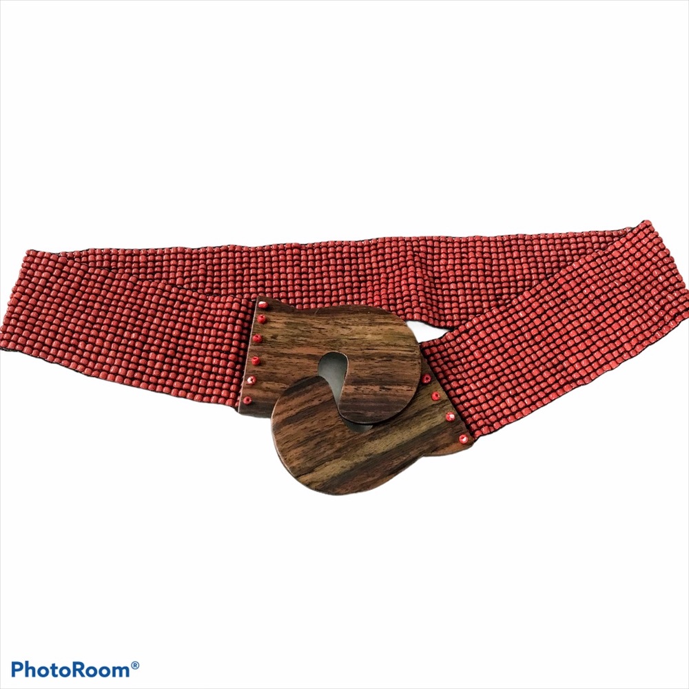 Boho Wide Stretch Beaded Statement Belt Red Brown